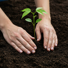 Closeup of hands planting small tree in rich soil, symbolizing growth and care in nature