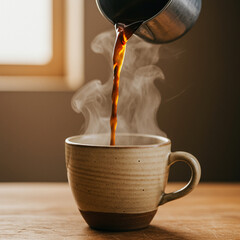 Fresh hot coffee being poured into ceramic cup with steam rising, creating warm and cozy atmosphere in softly lit room