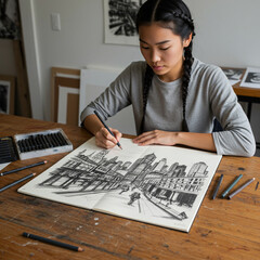 Young woman sketching detailed cityscape in large sketchbook with pencils and pens on wooden table, focused creative workspace