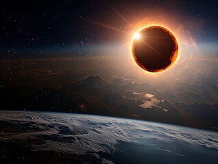 A breathtaking view of a solar eclipse seen from space showcasing Earth below