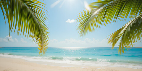 Fototapeta premium Sunny Tropical Beach Escape with Palm Trees – A Perfect Summer Vacation