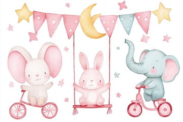 Cute Watercolor Animals with Bicycles and Playful Decor Elements