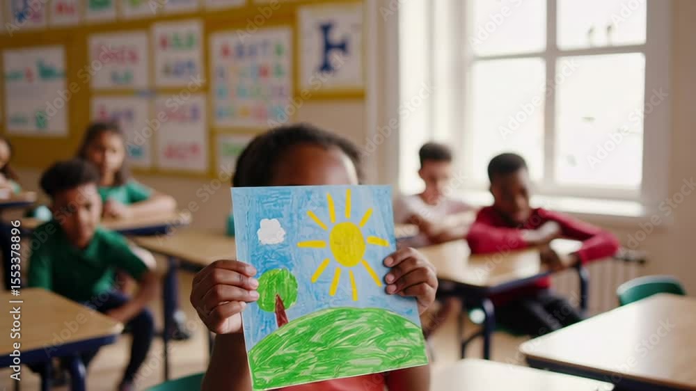 Poster elementary school student confidently presenting colorful drawing of sunny landscape to attentive cl
