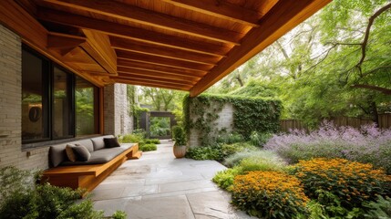 Modern home patio with wooden pergola and lush landscaping