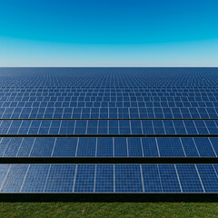 Solar panels under clear blue sky on green grass field, renewable energy source generating clean power with bright sunlight and eco friendly technology for sustainable future