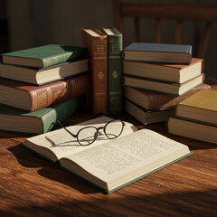 Open book with reading glasses on wooden table surrounded by stacked hardcover books in warm natural light creating cozy and studious atmosphere