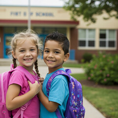 Happy kids on first day of school smiling with colorful backpacks outside elementary school building in warm daylight