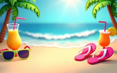 2408 115.A refreshing 3D summer sale banner with bright, tropical elements such as sunglasses, flip-flops, and tropical drinks. The background includes a beach scene with waves and palm trees, all in