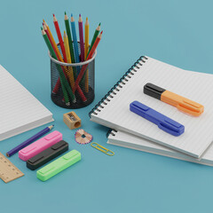 Colorful pencils in holder with notebooks, highlighters, pencil sharpener, ruler, and paperclip arranged on blue surface, creating organized and vibrant school supplies setup