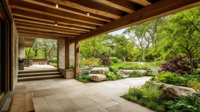 Modern outdoor living space with a wooden pergola and lush landscaping