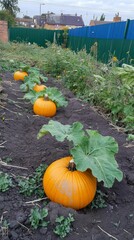 Obraz premium Ripe Pumpkins Growing in a Home Garden