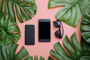 Two black smartphones and sunglasses arranged with lush green monstera leaves on a pink background