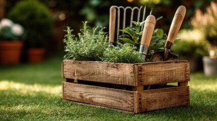 Rustic wooden planter box filled with herbs and gardening tools