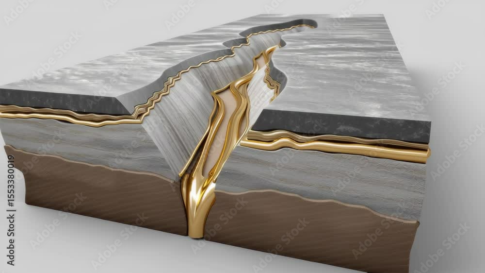 Aufkleber 3d micro-pipeline node embedded in cracked shale rock, shown in cross-section with a metallic finish