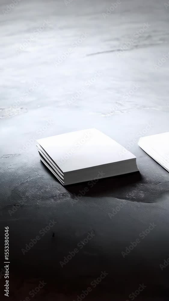 Poster two stacks of blank white paper sheets, positioned on dark textured surface, creating a minimalist, 