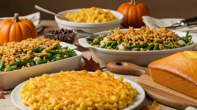 Thanksgiving comfort food table with macaroni and cheese, green bean casserole, and cornbread for a festive gathering