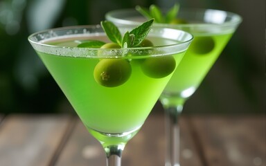 Refreshing Green Cocktail in a Martini Glass with Olives and Leaves. High quality