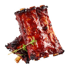 Close Up Of Two Barbecue Ribs With Thyme Garnish Showing Brown Meat Texture Isolated On A Transparent Background