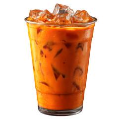 Refreshing Thai iced tea served in a clear plastic cup with ice cubes, perfect for a hot day with its vibrant orange color, transparent background