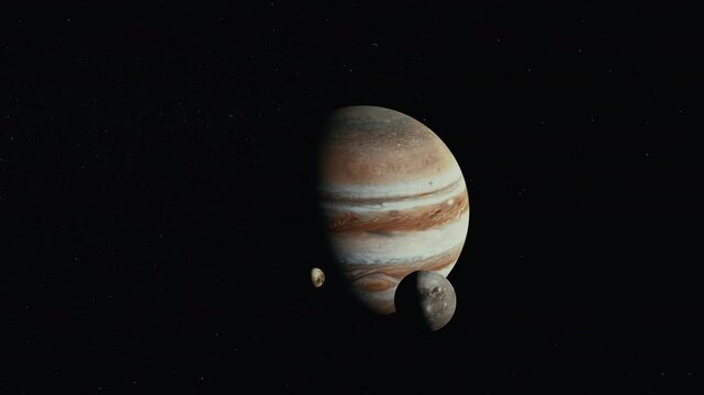 Jupiter in space orbiting with moons ganymede and europa cinematic look 4k