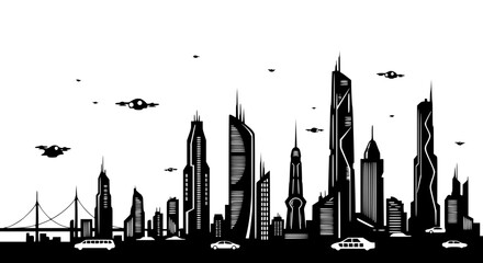 Fototapeta premium Futuristic Cityscape Silhouette with Flying Vehicles and Modern Architecture
