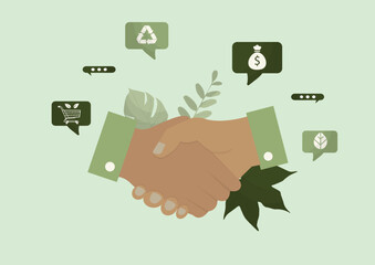 Sustainable business partnership handshake with eco friendly commerce icons. Green business collaboration ideal for corporate presentations and ESG reports. Flat style. Vector illustration