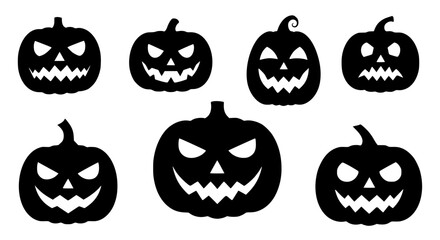 A collection of seven carved jack o lantern pumpkins with menacing glowing eyes and jagged teeth set against a white background symbolizing Halloween night celebrations and spooky decorations