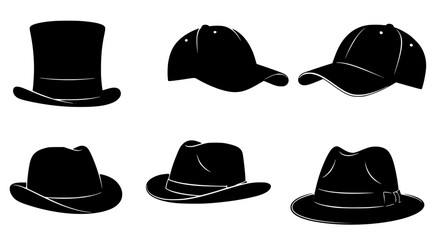 A Collection of Iconic Headwear Styles Including Top Hats Fedoras and Baseball Caps Depicting Diverse Fashion and Functional Choices for Personal Expression and Sun Protection
