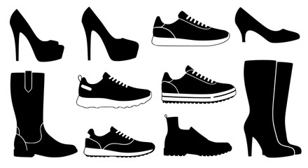 Collection of Black Silhouettes of Various Footwear Including High Heels Sneakers Boots and Ankle Boots Displayed Against a White Background Representing Diverse Fashion Styles