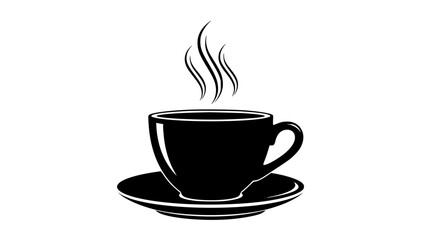 A Steaming Hot Cup of Coffee on a Saucer Featuring a Black Silhouette and Wisps of Steam Indicating Warmth and Comfort on a White Background