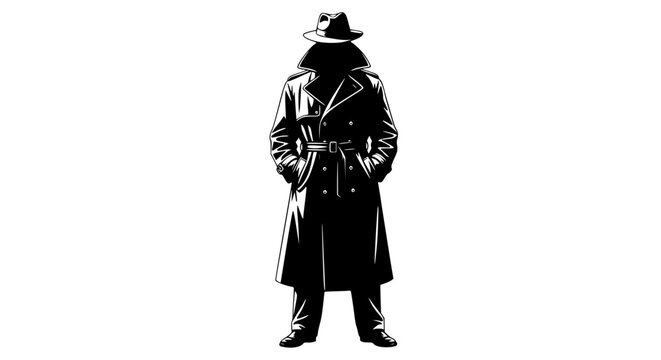 An illustration of a mysterious figure dressed in a dark trench coat and fedora hat standing with hands in pockets against a white background suggesting an air of intrigue and clandestine activities