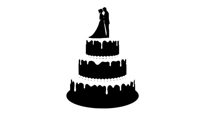 Silhouette of a Three Tier Wedding Cake with a Bride and Groom Cake Topper and Drizzled Icing