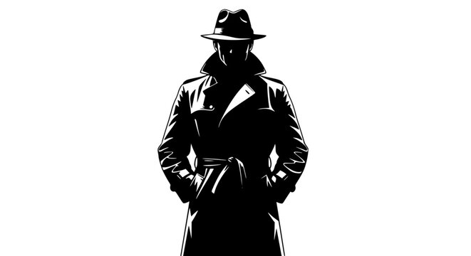 Shadowy Figure in Trench Coat and Fedora Mysterious Man Noir Silhouette Concept