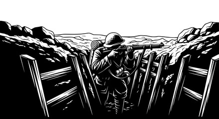 A lone soldier in a trench aiming his rifle across a desolate battlefield under a vast sky depicting the brutal realities of warfare and military conflict