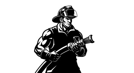 Heroic Firefighter Ready to Battle Flames with Powerful Water Hose Stoic and Determined Professional Responding to Emergency Situations with Courage and Strength