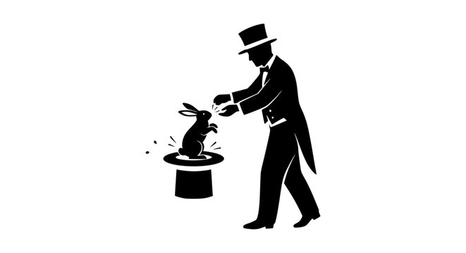 Illusionist in a Tuxedo with Top Hat and Rabbit Conjuring Spectacle of Wonder and Amazement Revealing Mystical Tricks and Entertainment for Audiences