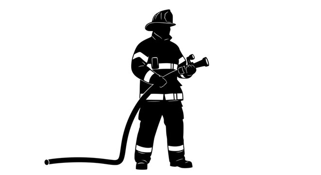 A silhouette of a firefighter in full gear holding a hose and ready to combat a blaze representing bravery and dedication in emergency services