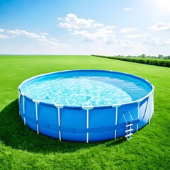metal frame pool with inflatable toys. Summer leisure and fun concept. Frame pool stand on a green grass lawn.