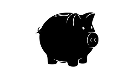 A classic black piggy bank silhouette is depicted against a stark white background symbolizing saving money and financial security for a prosperous future