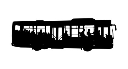 Silhouette of a full passenger bus showcasing people inside during a commute highlighting urban transportation and daily travel routines