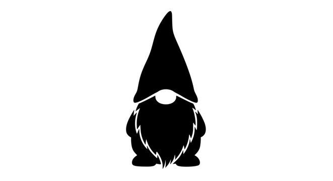 A Simple Silhouette of a Garden Gnome in Black and White with a Tall Conical Hat and a Bushy Beard and Mustached Face