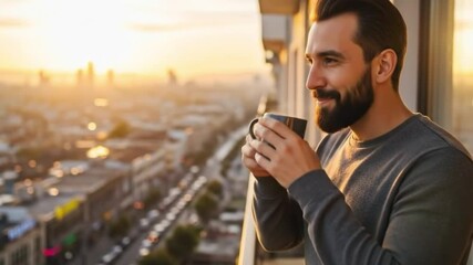 On the balcony, a young man smiles as he drinks hot coffee or tea, basking in the sunlight and taking in the beautiful views. He is filled with joy. Portrait. Close up. Slow motion
