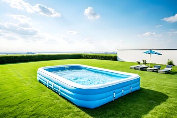 Large backyard inflatable pool with clear water and lounge chairs, offering a perfect summer leisure spot in a private garden
