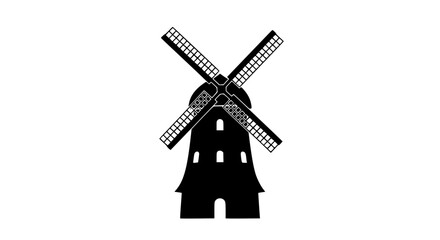 A classic black silhouette of a traditional windmill with four large sails against a plain white background conveying a sense of history and rural charm