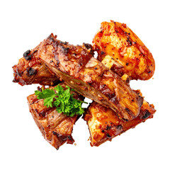 Close Up Shot Of Delicious Barbecue Ribs Isolated On Transparent Background Showing Grilled Texture and Fresh Herbs