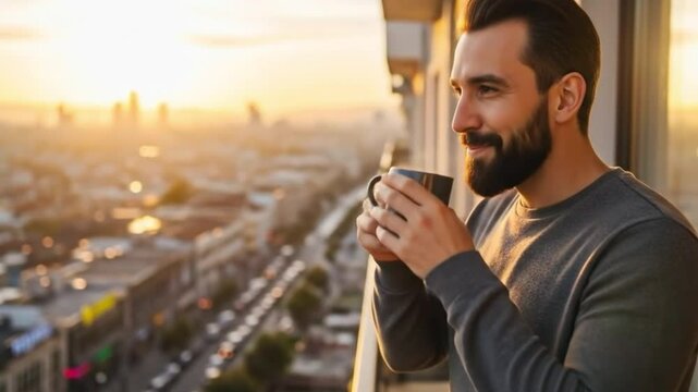 On the balcony, a young man smiles as he drinks hot coffee or tea, basking in the sunlight and taking in the beautiful views. He is filled with joy. Portrait. Close up. Slow motion