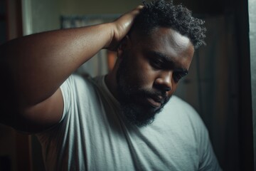 an overweight Black man with a beard, touching his hair in the mirror at home