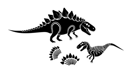 A Collection of Dinosaur Silhouettes Featuring a Stegosaurus and a Velociraptor with Detailed Skeletal Features Illustrating Prehistoric Reptiles