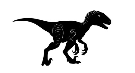 Silhouette of a Velociraptor Dinosaur in a Dynamic Running Pose with Detailed Feathers and Fierce Expression Captured in Black Against a White Background