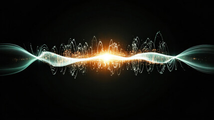 Glowing, radiant waveform flows symmetrically across dark background, emitting vibrant light and energy. abstract design evokes sense of cosmic motion and high frequency vibrations
